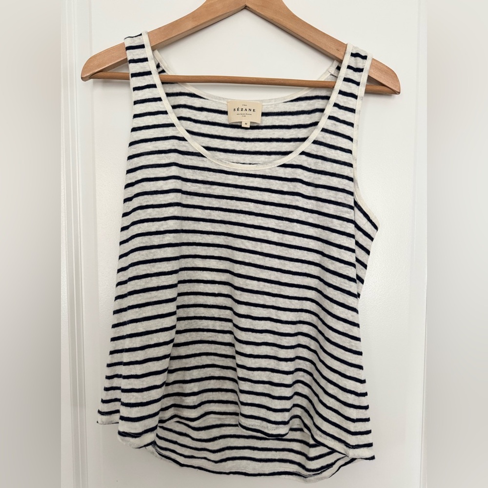 Sézane “John Tank” size Medium. Navy and white